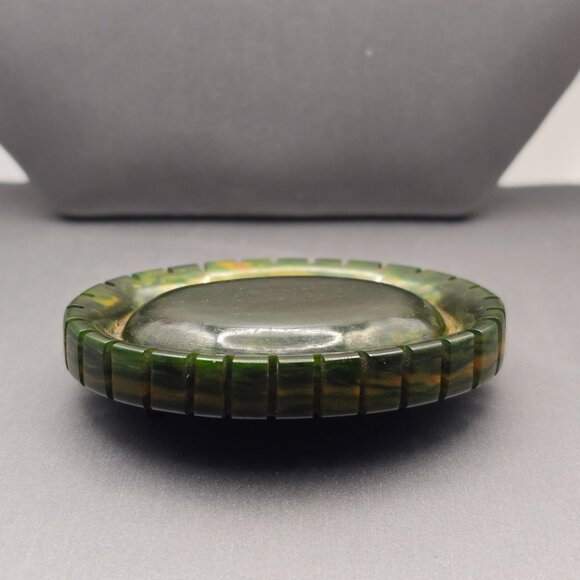 VTG Marbled Dark Green Bakelite Oval Brooch Pin 2.5" Ribbed Edge Spinach Color - Picture 3 of 8